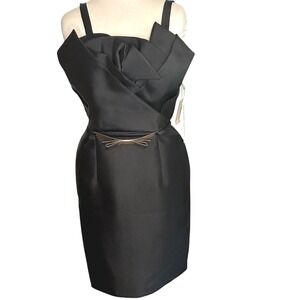 ELENI ELIAS Cocktail Dress Black Satin Bow Detail Chic Elegant Bodycon LBD NWT 8